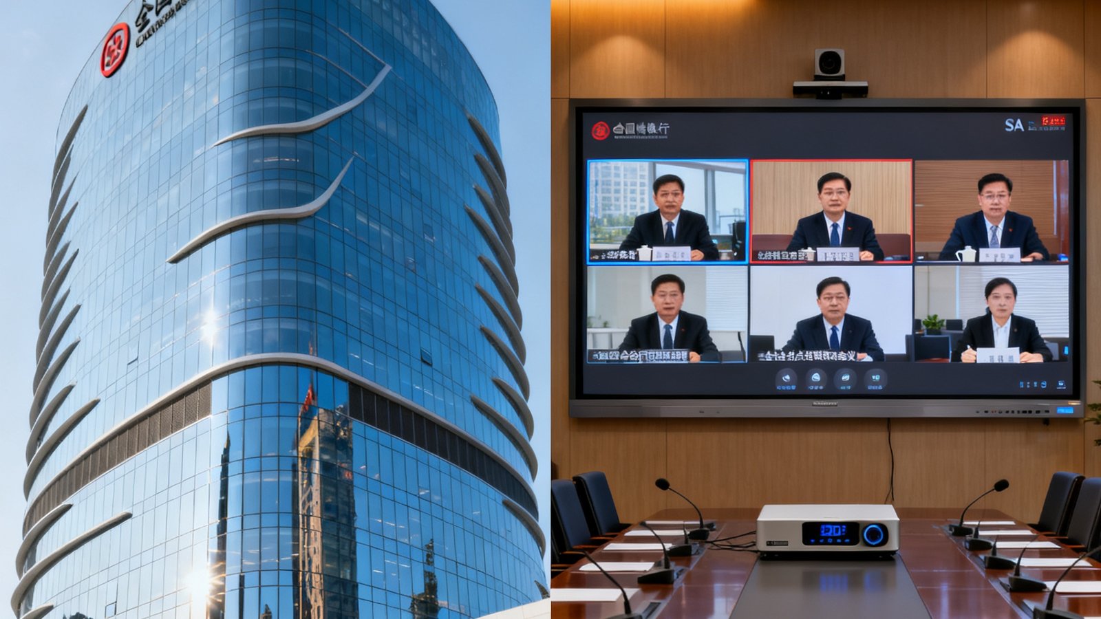 某大型商业银行总行大楼外观与内部会议室拼接照片，左侧为现代化的银行总部大厦，右侧为配置了SA视讯设备的标准视频会议室，大屏上正进行全国网点联动会议，画面清晰展示着各分行参会人员的实时视频。