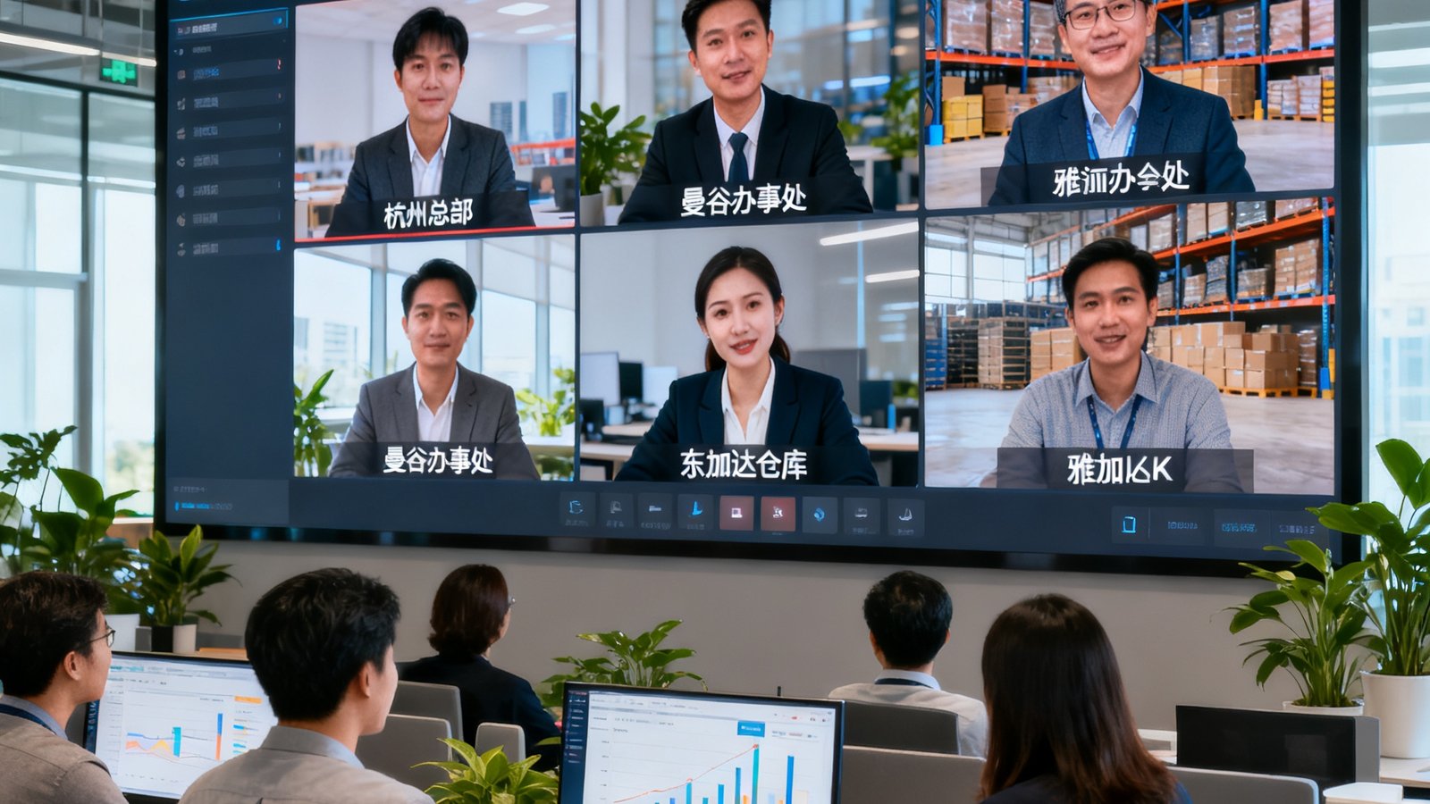一家跨境电商企业的开放式办公区，大屏幕上正通过SA视讯平台连接着杭州总部、曼谷办事处和雅加达仓库三方的实时视频画面，员工们正在讨论东南亚市场的促销方案，画面中4K清晰度让人物表情细节纤毫毕现。