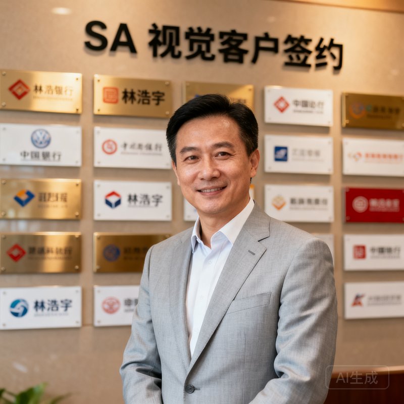 SA视讯COO林浩宇的半身肖像照，42岁男性，身穿浅灰色西装，站在SA视讯客户签约墙前，墙上排列着数十家知名企业的Logo铭牌，神态自信从容。