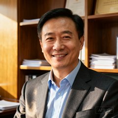 一位40岁左右的中国男性企业高管的商务肖像照，身穿深灰色西装搭配浅蓝衬衫，面带微笑，背景为办公室书架，神态自信而亲和。