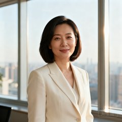 一位35岁左右的中国女性企业高管的商务肖像照，留着齐肩短发，身穿米白色西装外套，站在明亮的落地窗前，窗外可见城市景观，表情温和而专业。